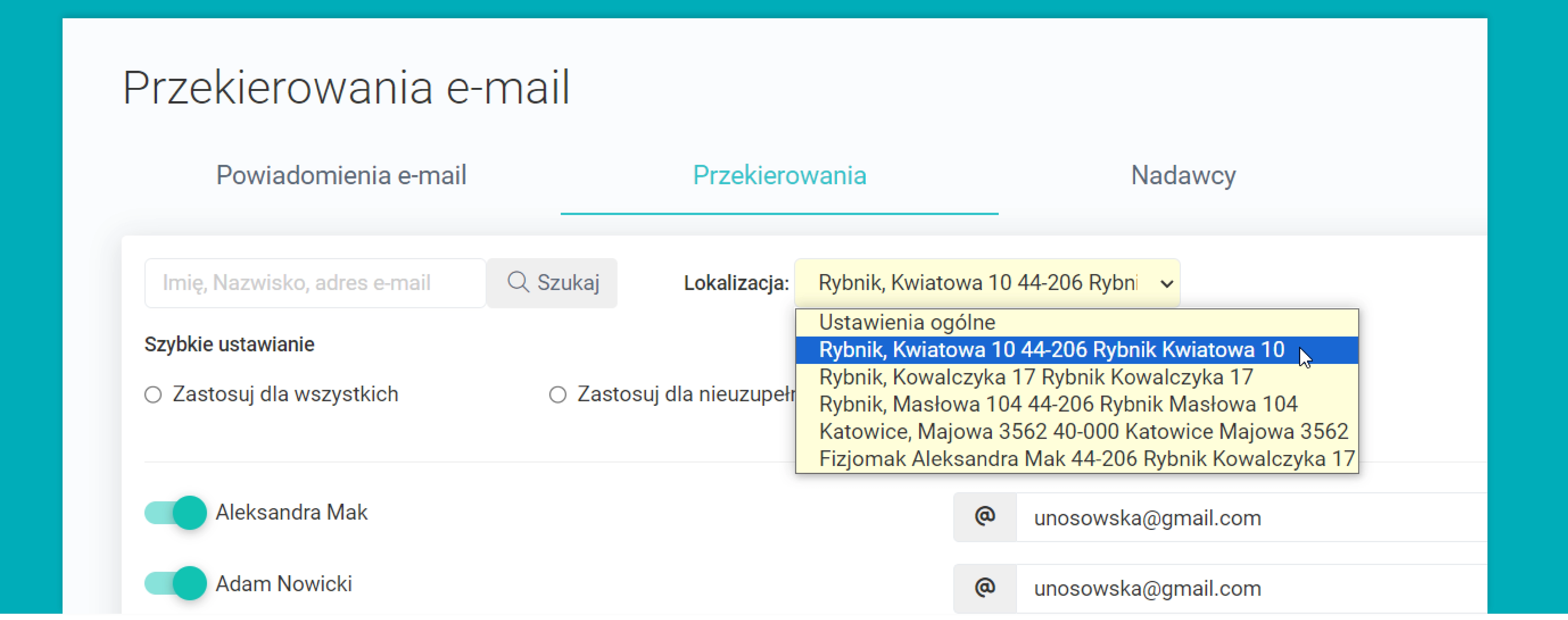 Przekierowania e-mail według lokalizacji